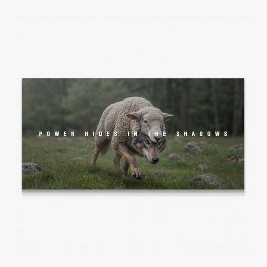Power Hides In The Shadows canvas wall art, a wolf in sheep's clothing prowling through misty green meadow grass