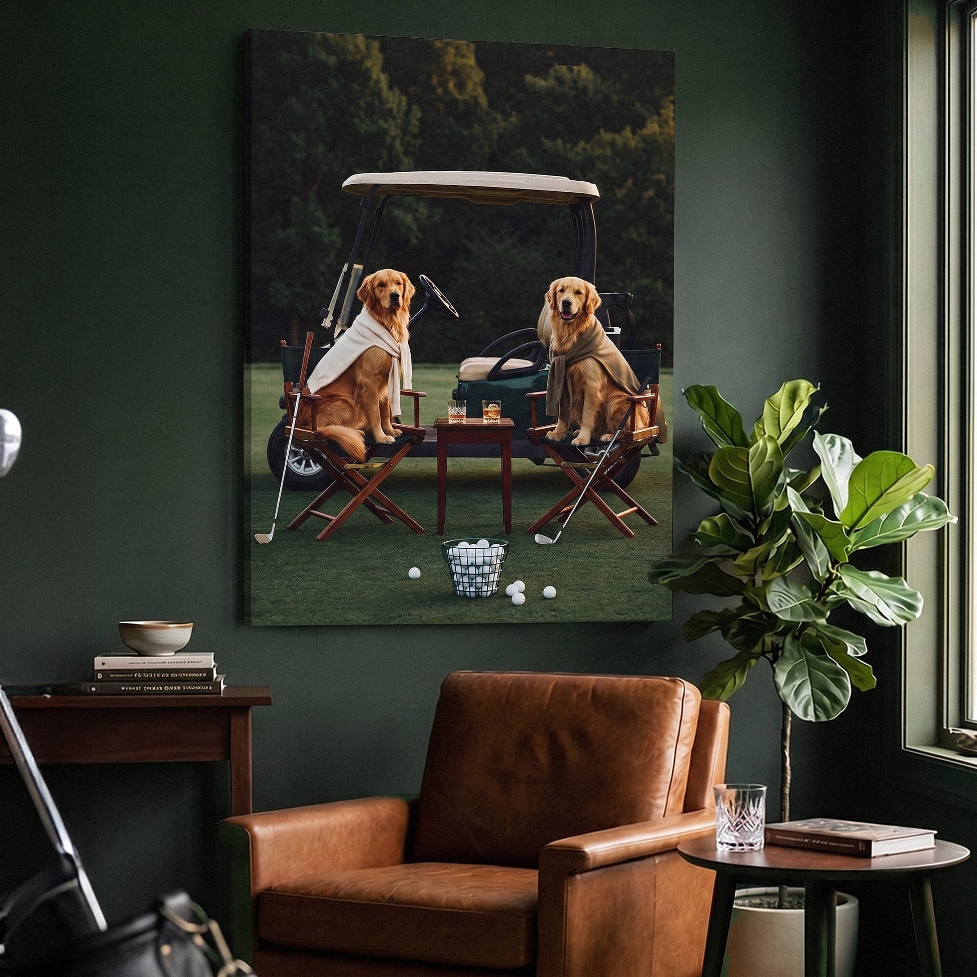 Puppy Golf wall art canvas in a modern room