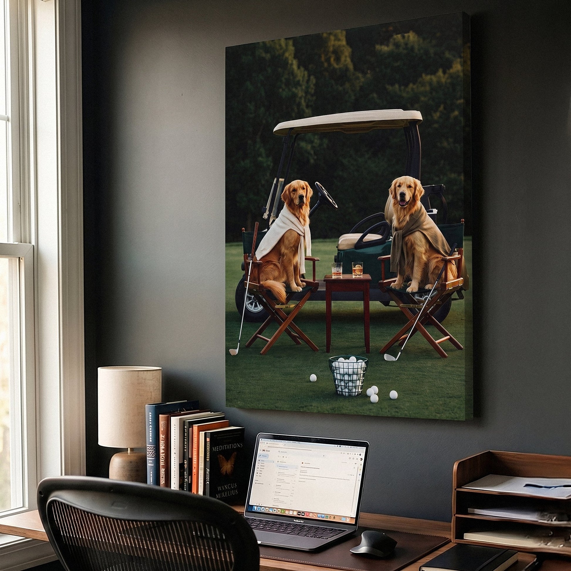 Puppy Golf canvas in a home office