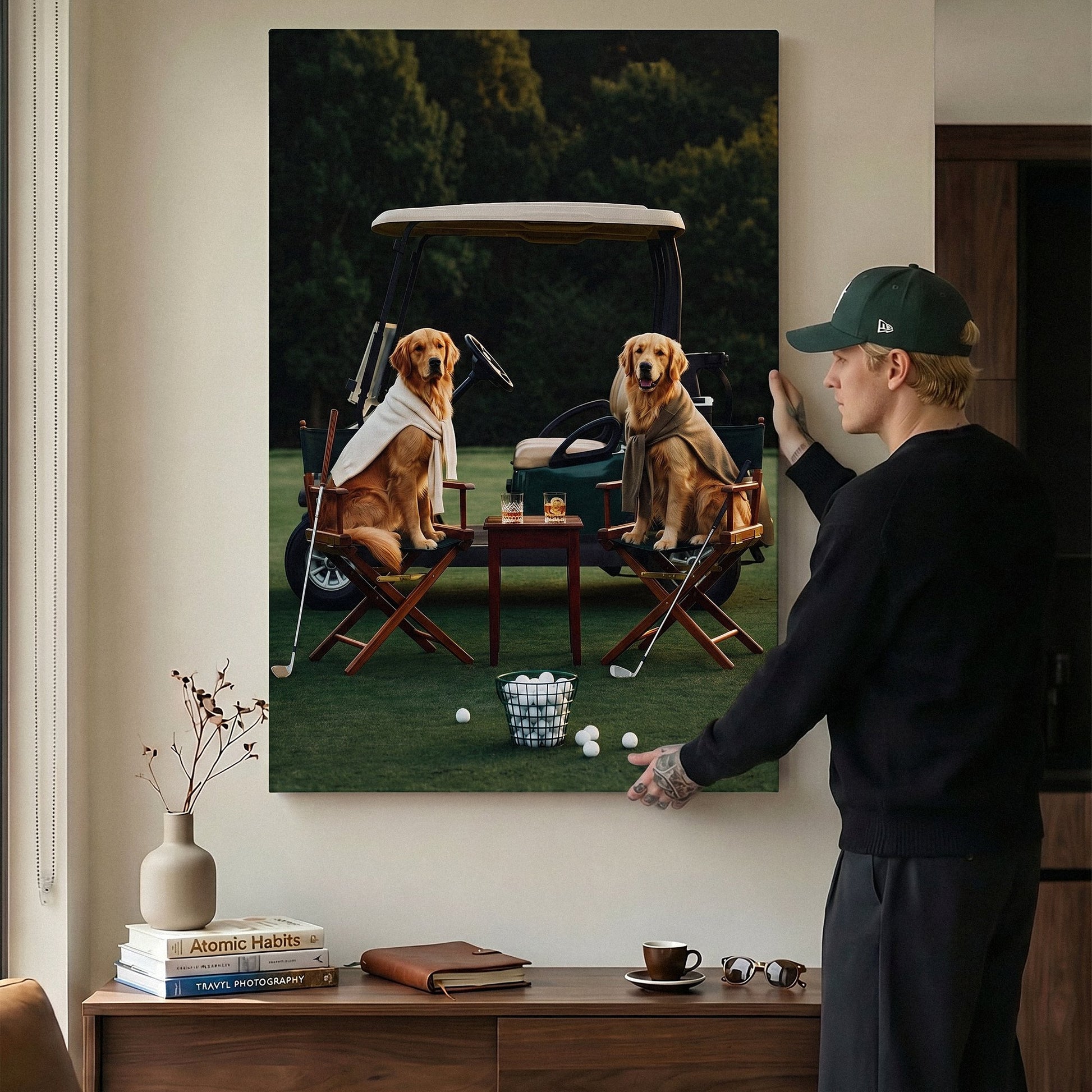 Puppy Golf canvas at an angle on a wall