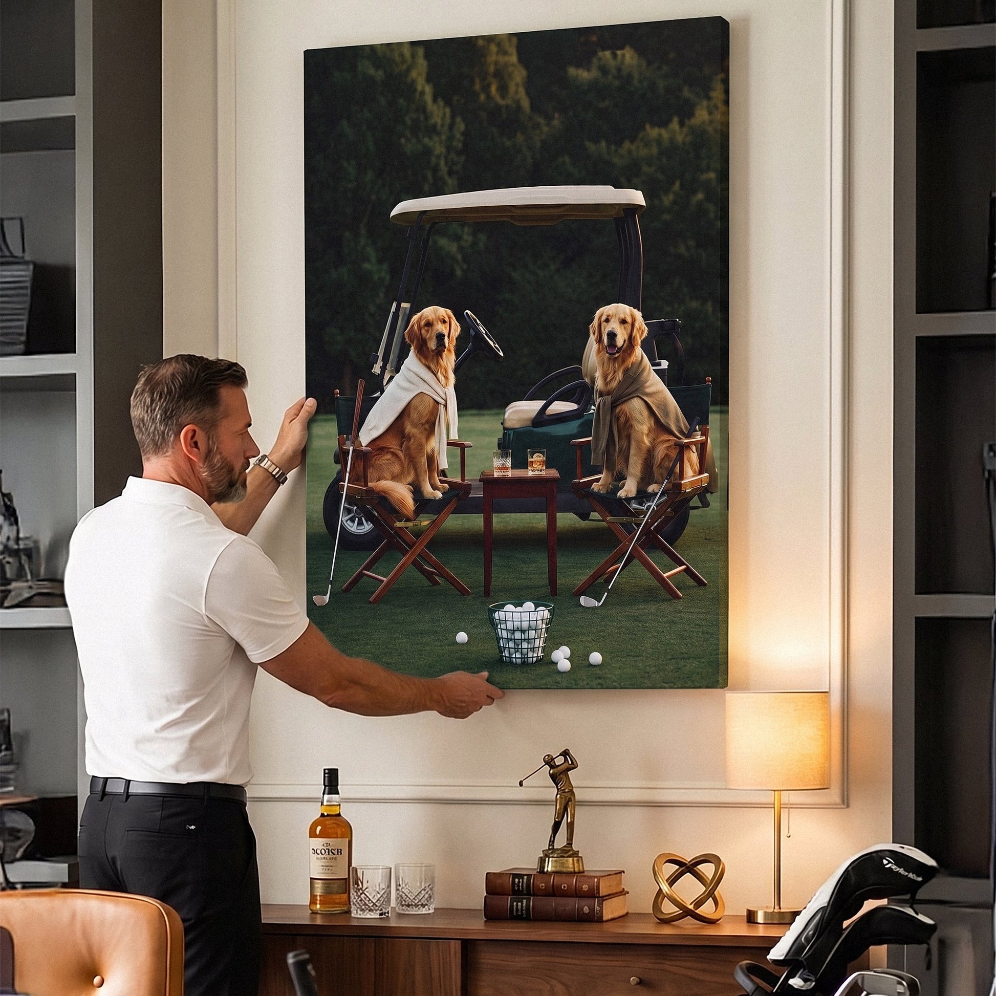 Puppy Golf canvas in a styled room