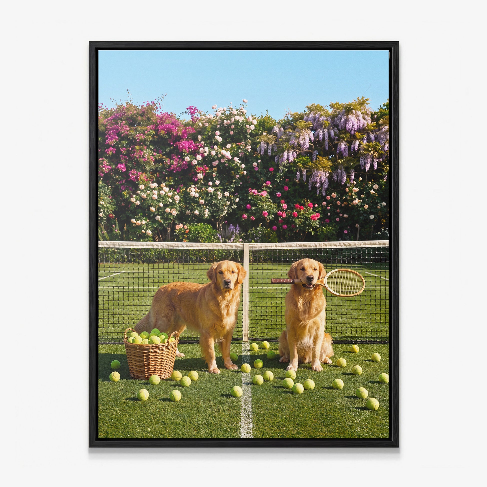 Puppy Tennis canvas with black frame