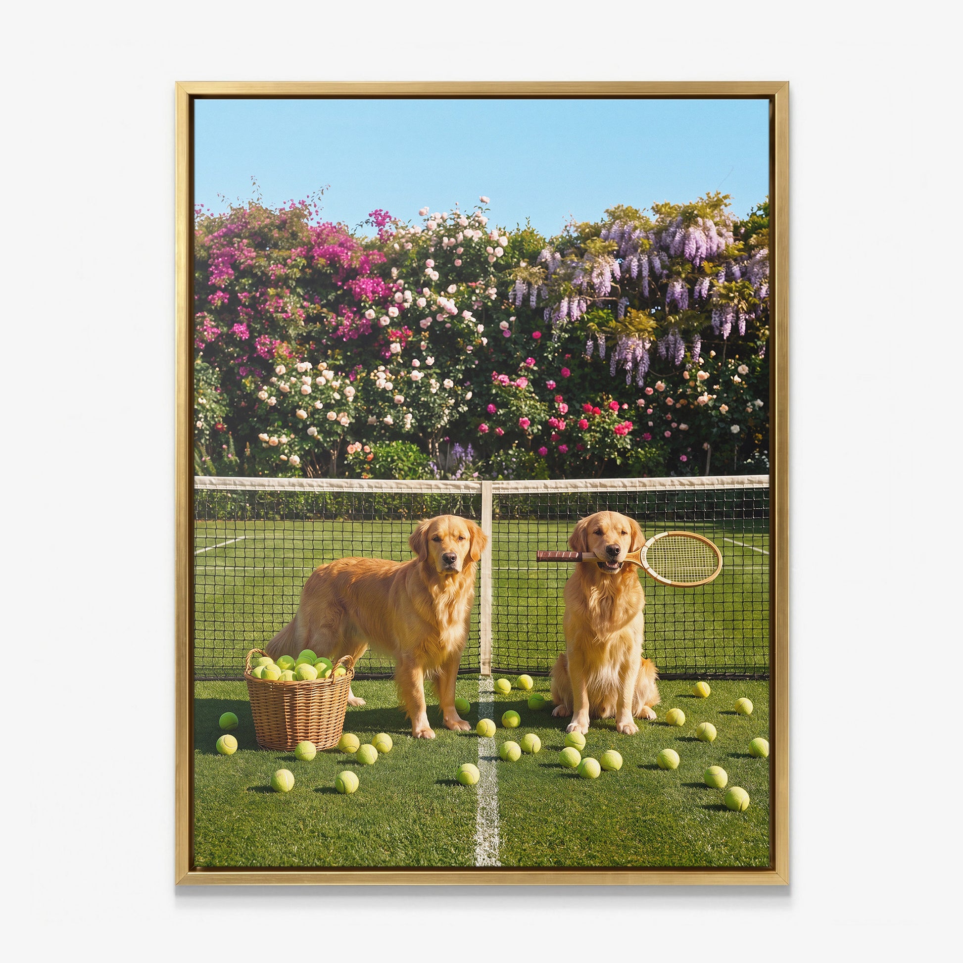 Puppy Tennis canvas with gold frame
