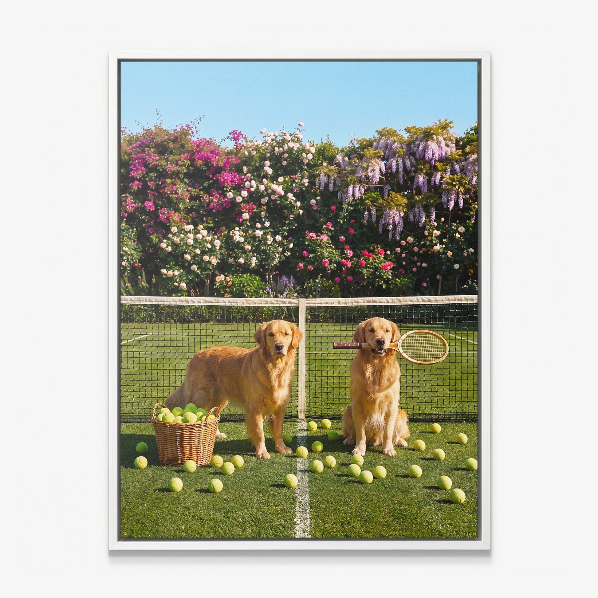 Puppy Tennis canvas with white frame