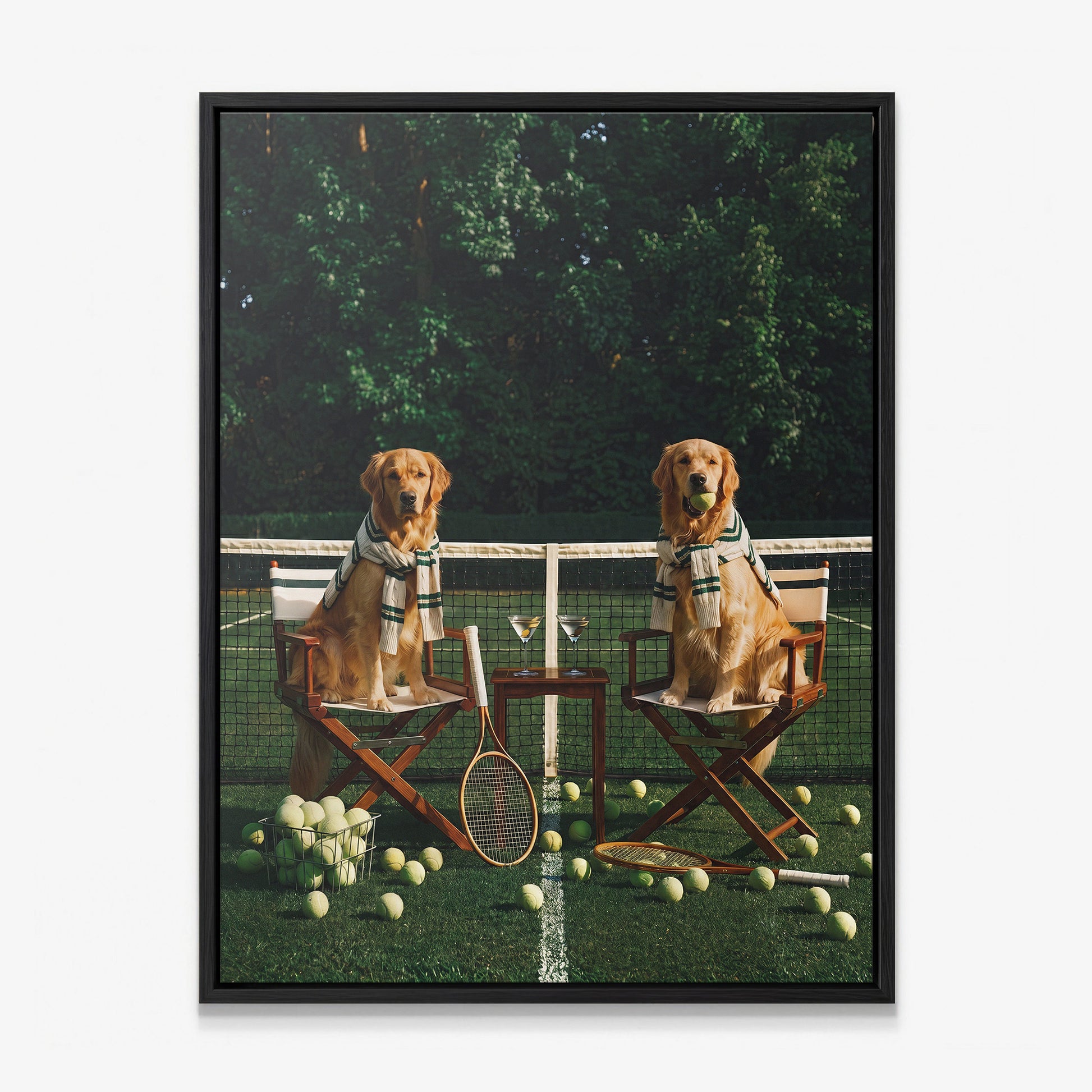 Puppy Tennis Relax dog canvas in a black floating frame
