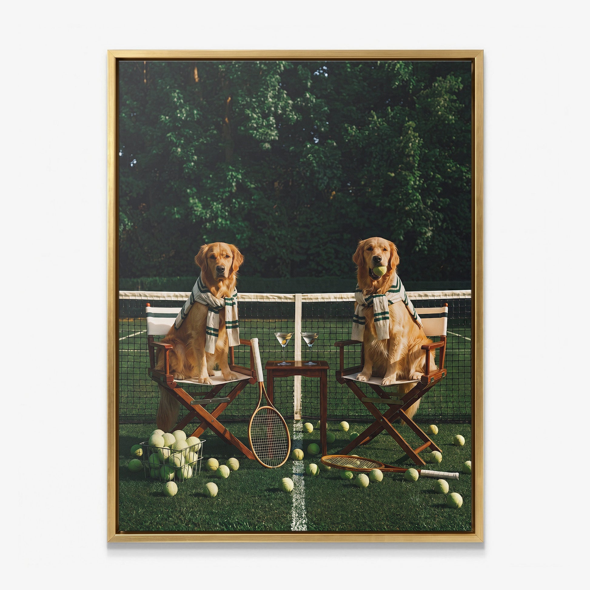Puppy Tennis Relax dog canvas in a gold floating frame