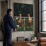 Person holding the Puppy Tennis Relax golden retriever canvas print against a wall