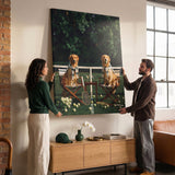 Two people holding the Puppy Tennis Relax dog canvas print in a living room