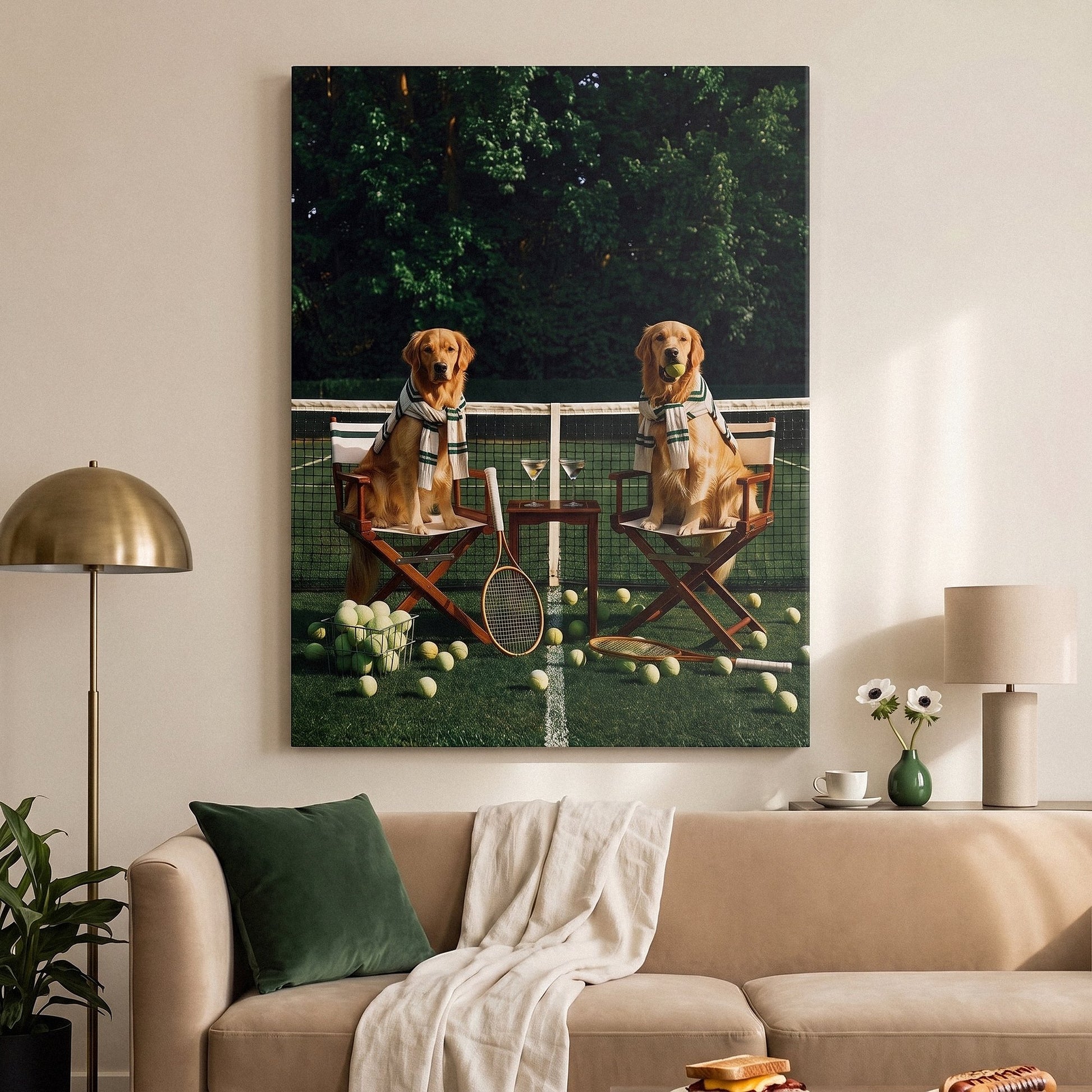 Puppy Tennis Relax golden retriever canvas on a wall above a console