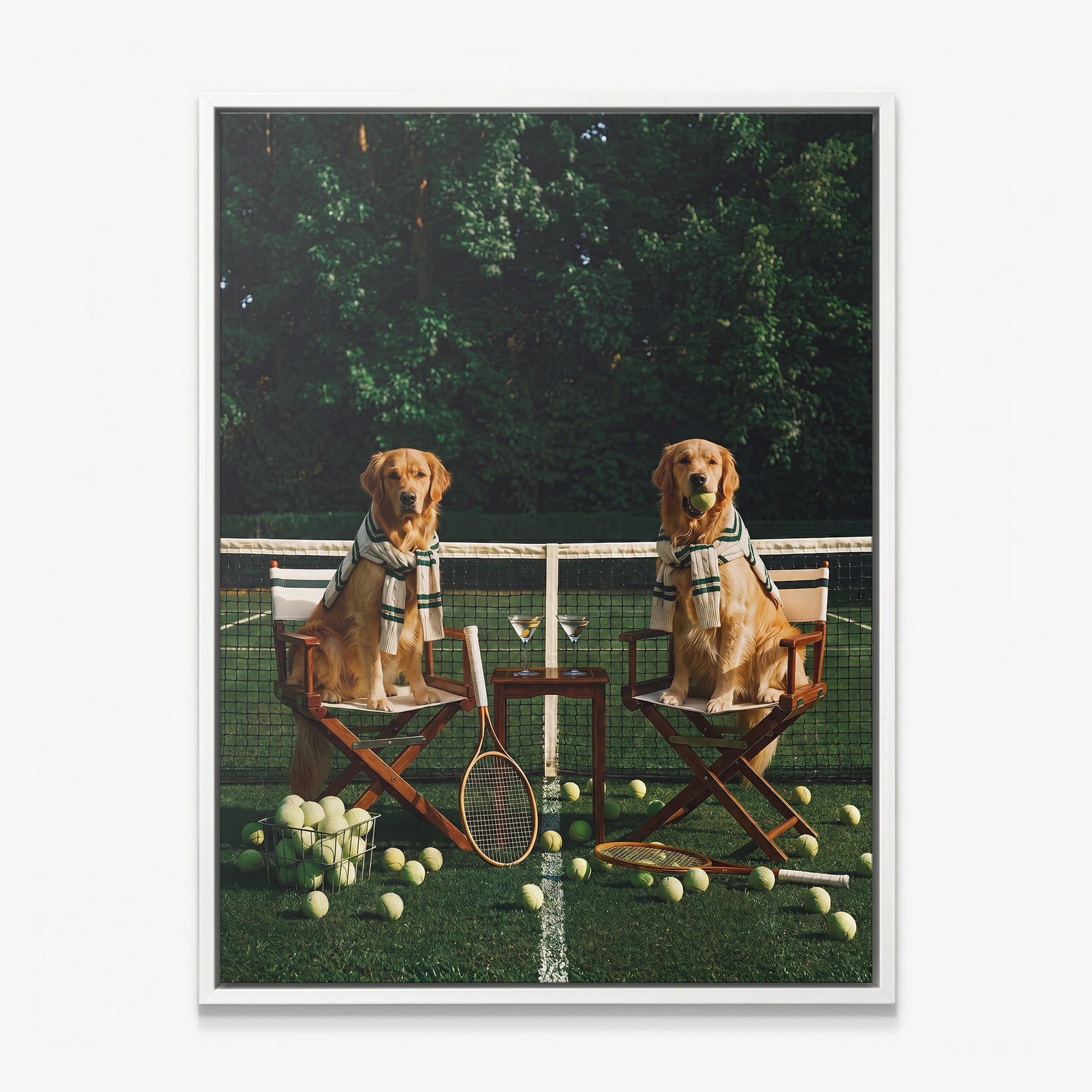 Puppy Tennis Relax dog canvas in a white floating frame