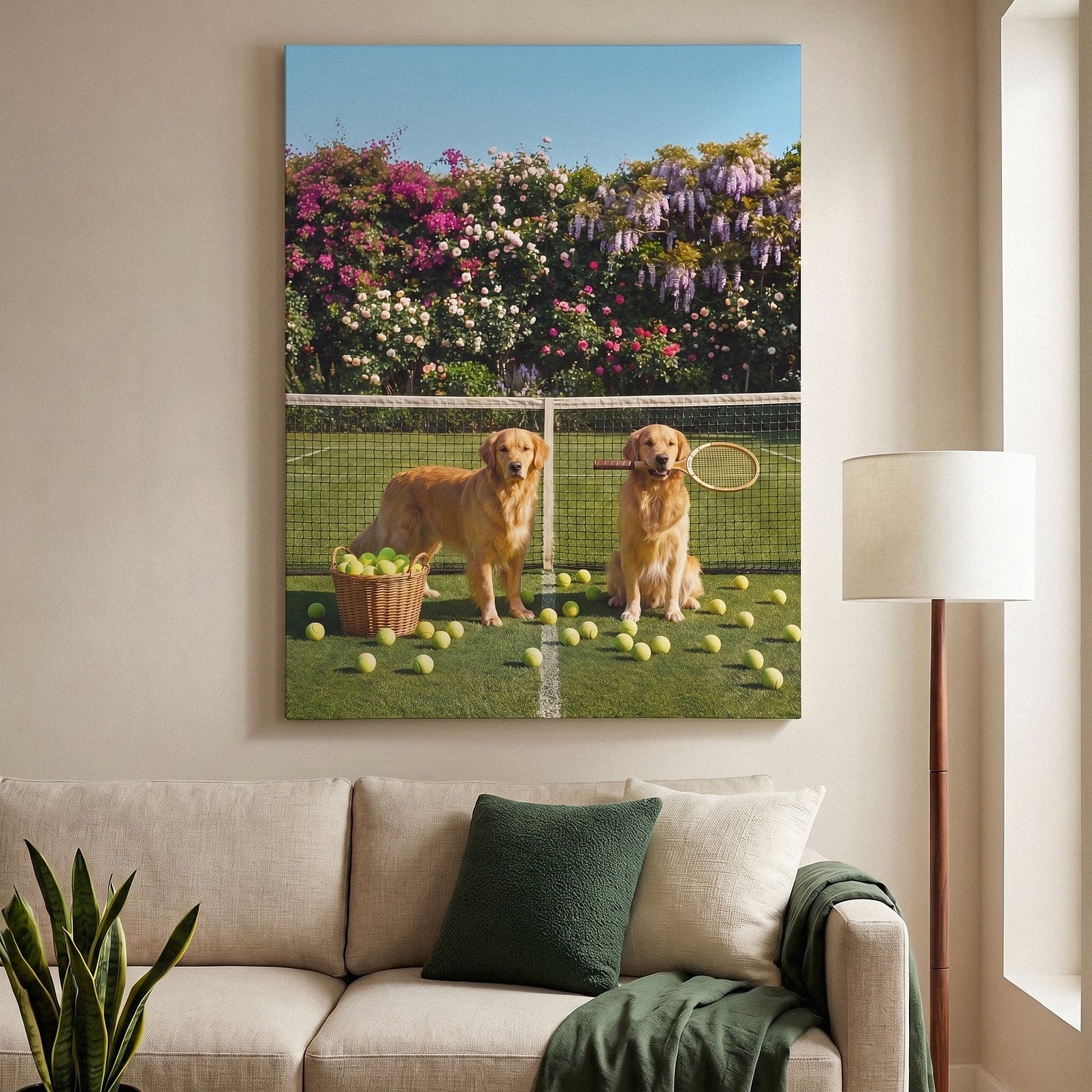 Puppy Tennis wall art canvas in a modern room
