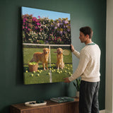 Puppy Tennis canvas above a home office desk