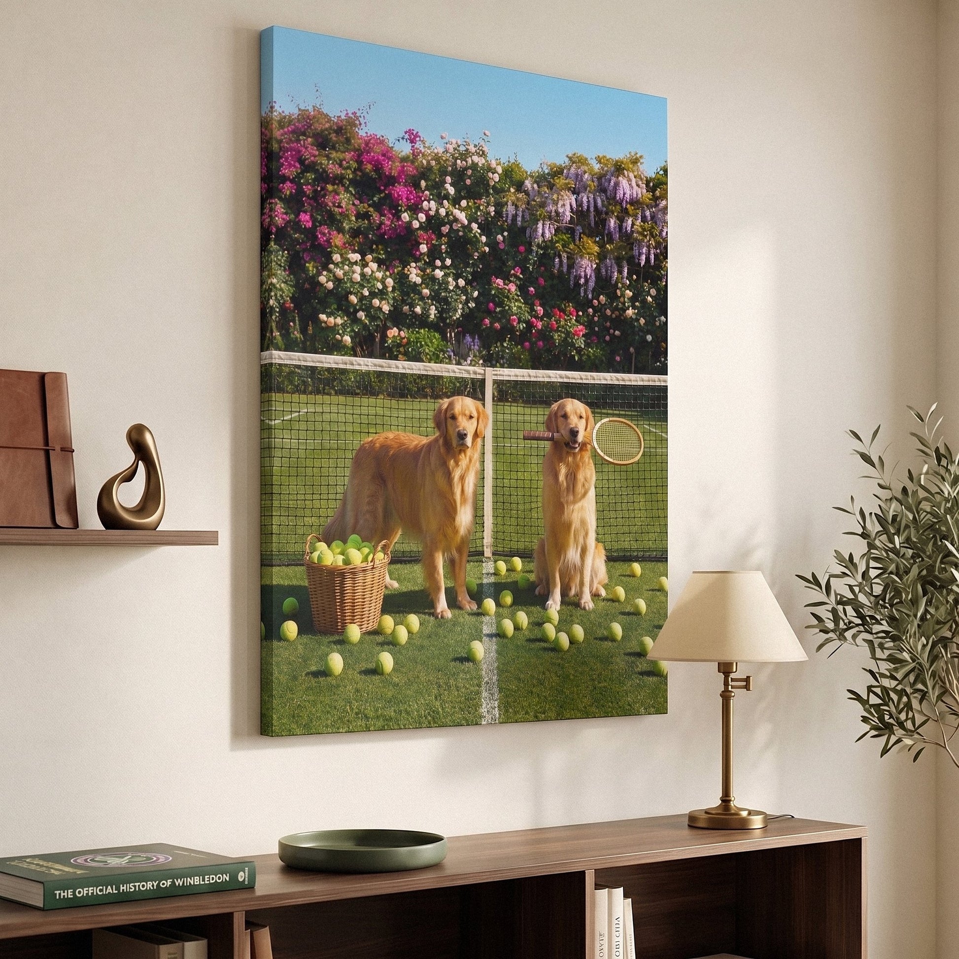 Puppy Tennis canvas at an angle on a wall