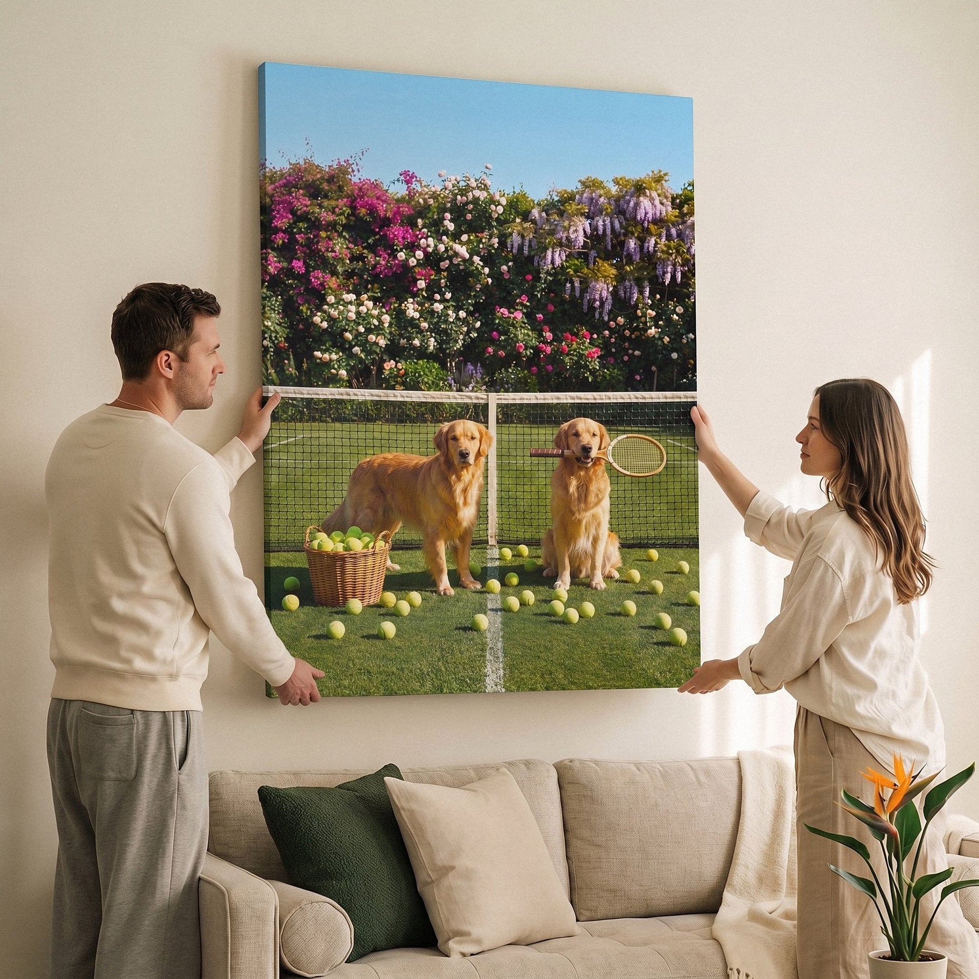 Puppy Tennis canvas in a styled tennis den