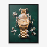 Rollie Builders gold watch canvas in a black floating frame