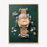 Rollie Builders gold watch canvas in a gold floating frame
