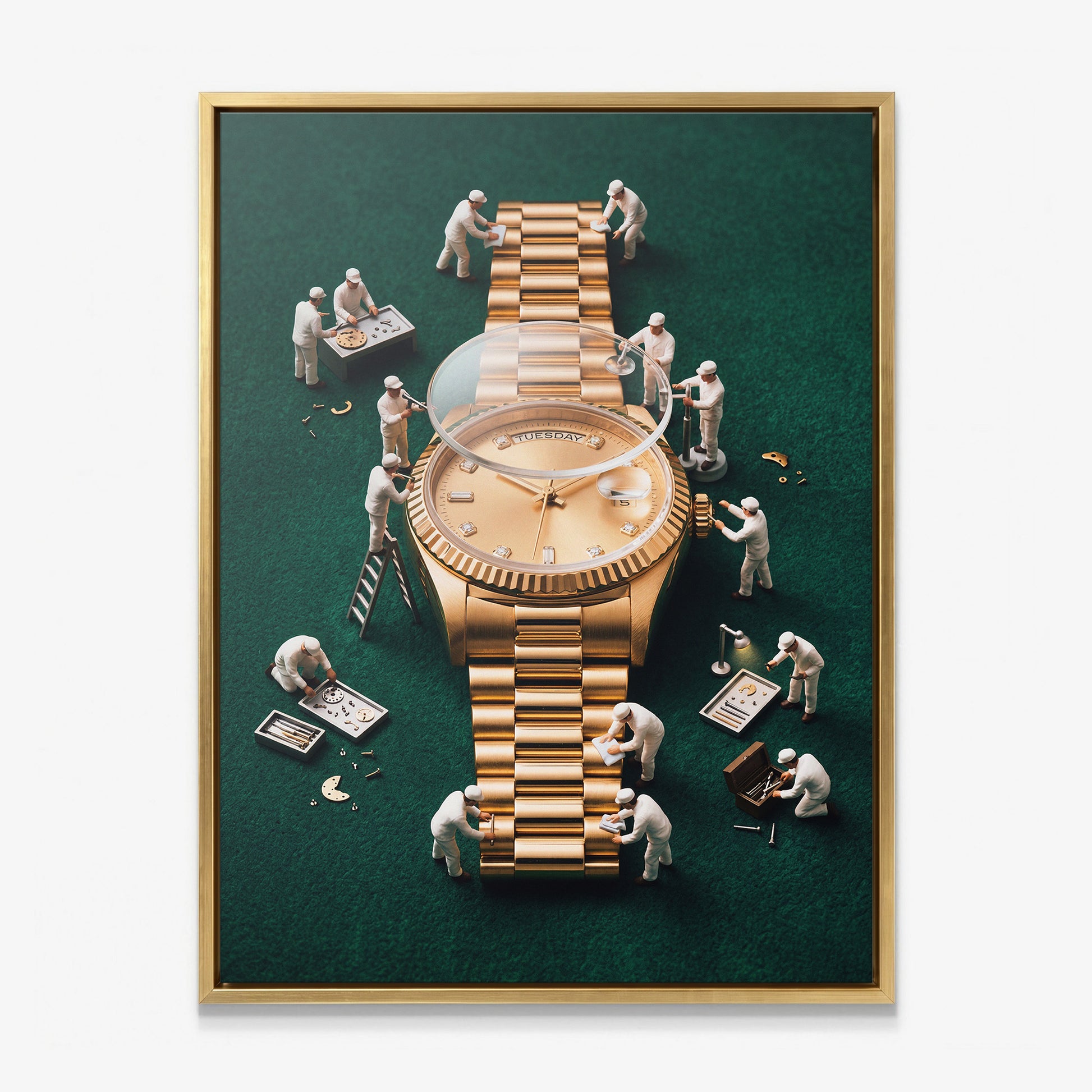 Rollie Builders gold watch canvas in a gold floating frame