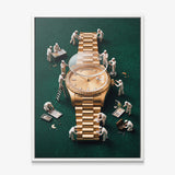 Rollie Builders gold watch canvas in a white floating frame