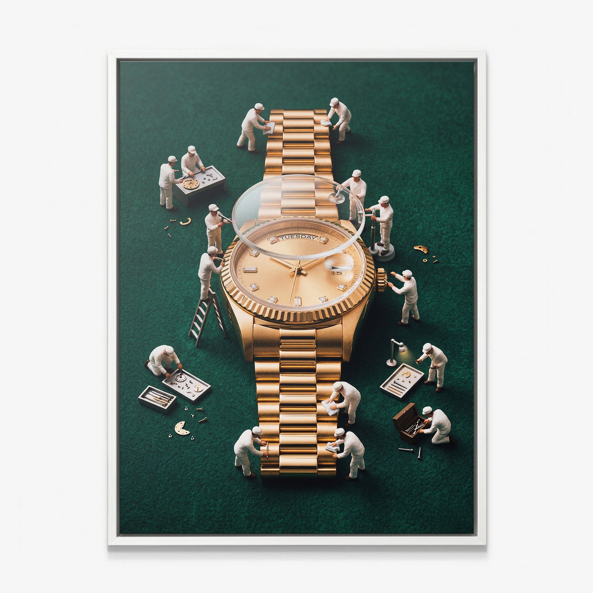 Rollie Builders gold watch canvas in a white floating frame
