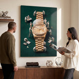 Rollie Builders gold watch canvas viewed by a couple in a modern living room
