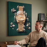 Rollie Builders gold watch canvas in a green home office above a man writing at a desk