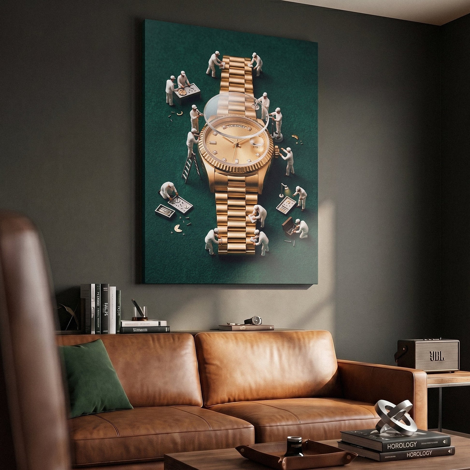 Rollie Builders gold watch canvas in a dark green lounge above a cognac leather sofa