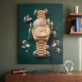 Rollie Builders gold watch wall art canvas above a walnut sideboard with headphones