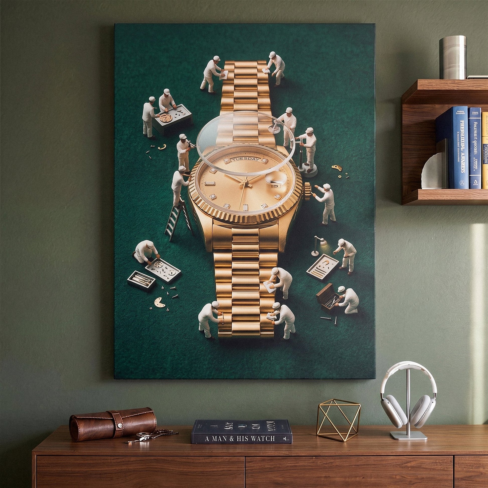 Rollie Builders gold watch wall art canvas above a walnut sideboard with headphones