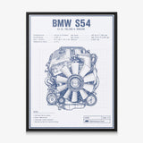 S54 Engine Blueprint German straight-six S54 engine blueprint schematic canvas wall art in a black floating frame