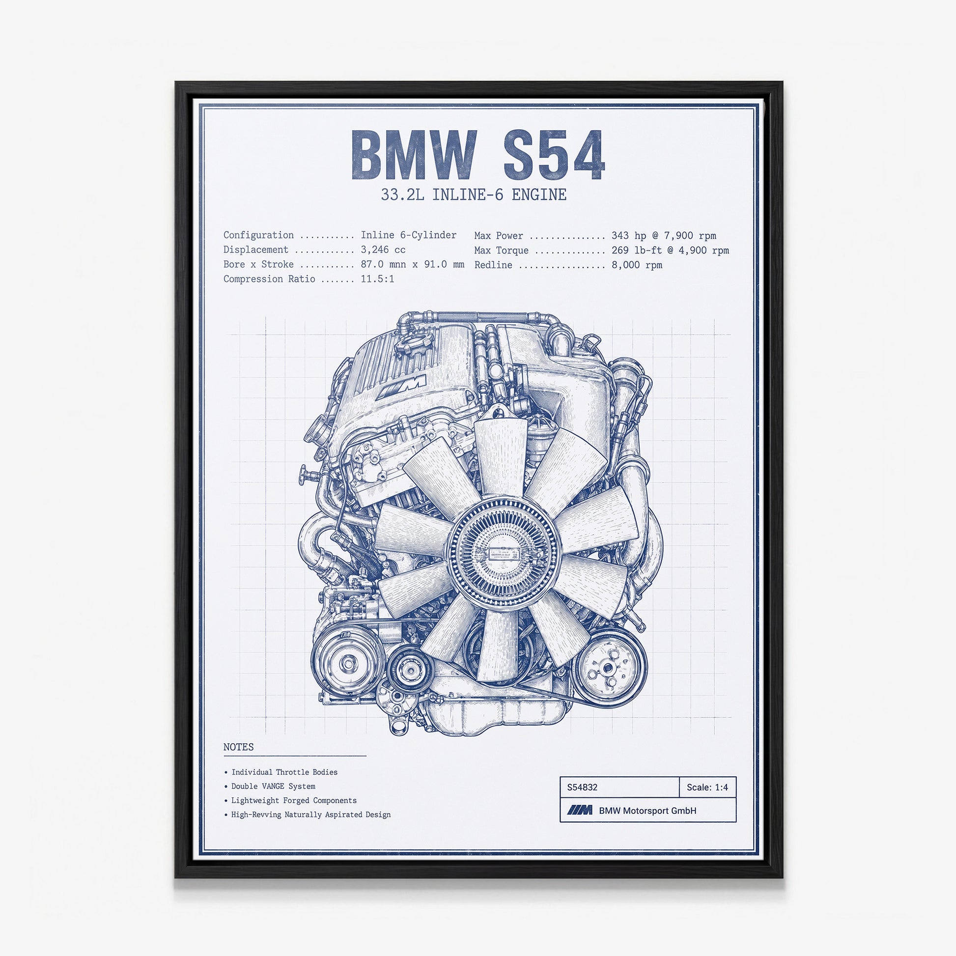 S54 Engine Blueprint German straight-six S54 engine blueprint schematic canvas wall art in a black floating frame
