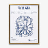 S54 Engine Blueprint German straight-six S54 engine blueprint schematic canvas wall art in a gold floating frame