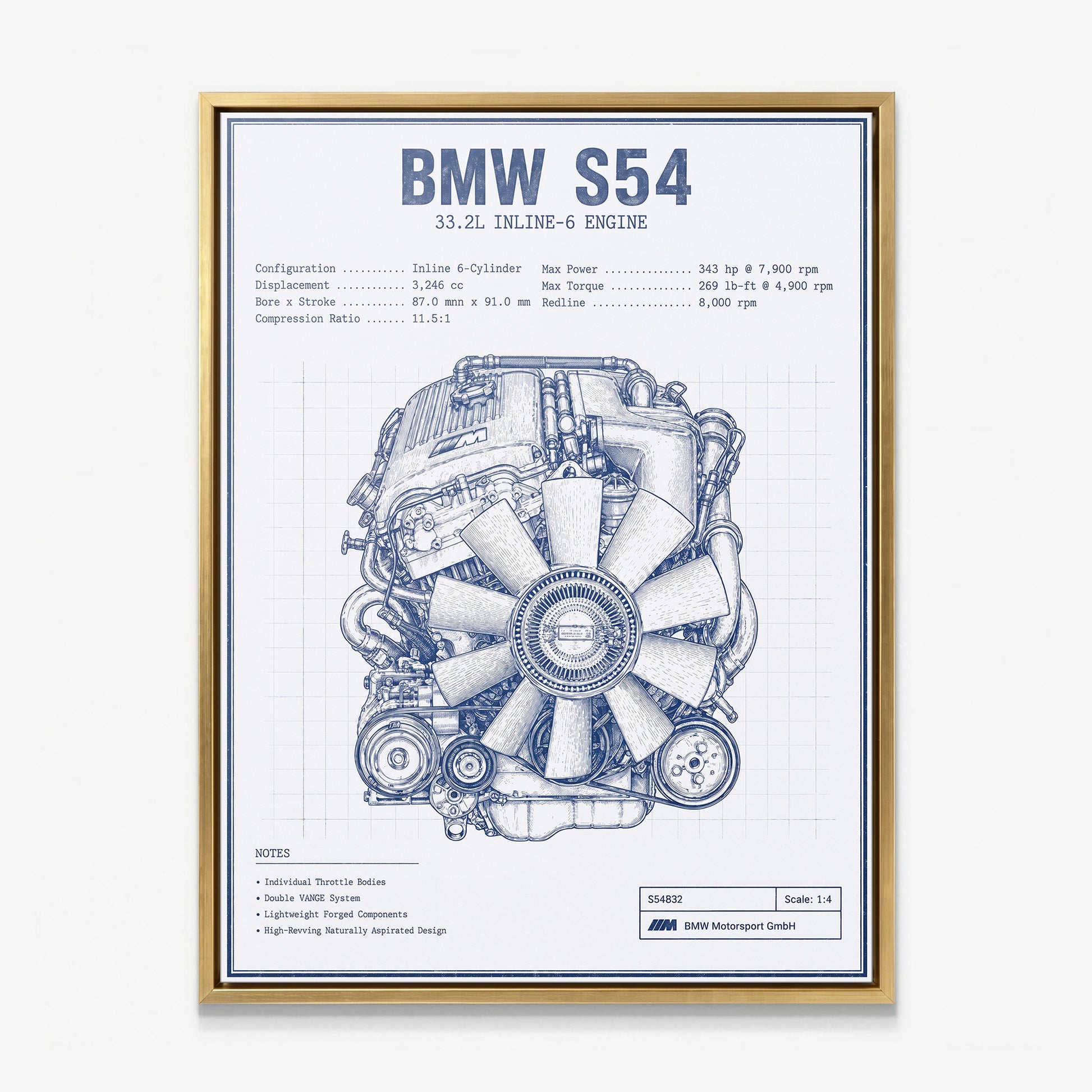 S54 Engine Blueprint German straight-six S54 engine blueprint schematic canvas wall art in a gold floating frame