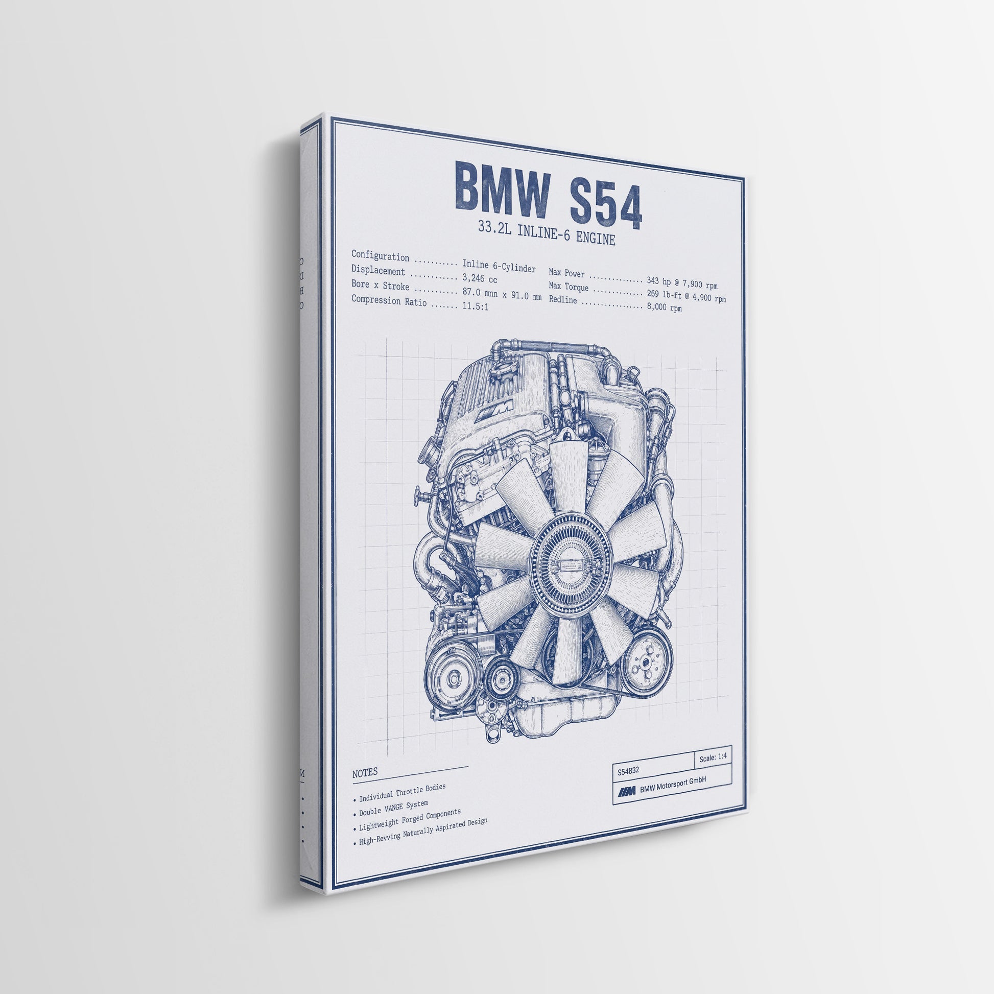 S54 Engine Blueprint German straight-six S54 engine blueprint schematic canvas wall art side profile