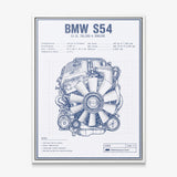 S54 Engine Blueprint German straight-six S54 engine blueprint schematic canvas wall art in a white floating frame