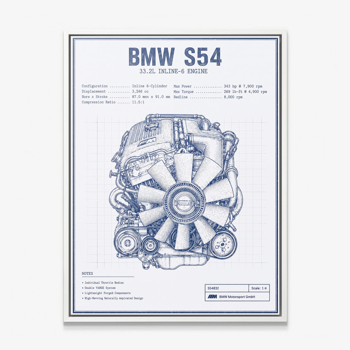 S54 Engine Blueprint German straight-six S54 engine blueprint schematic canvas wall art in a white floating frame