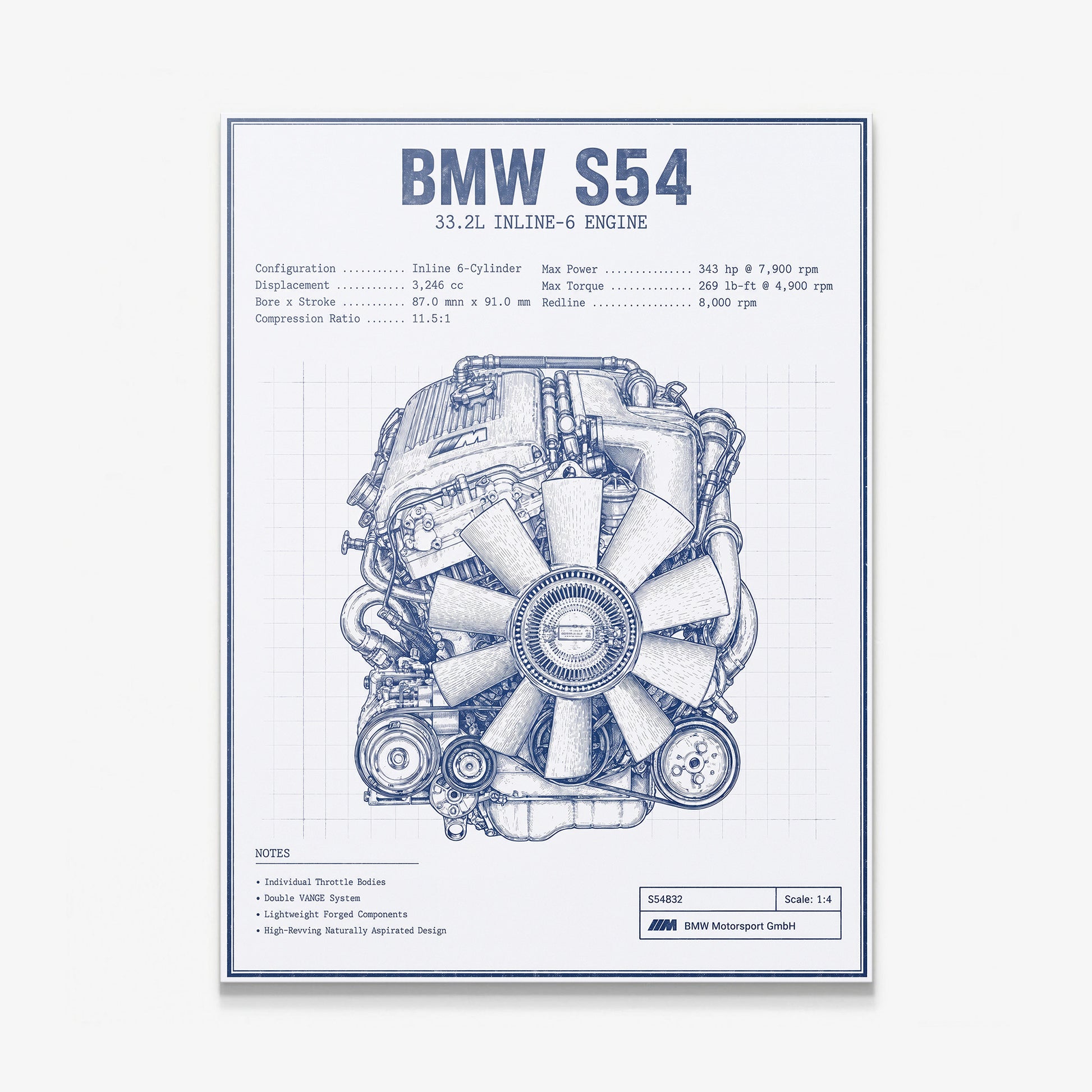 S54 Engine Blueprint German straight-six S54 engine blueprint schematic canvas wall art