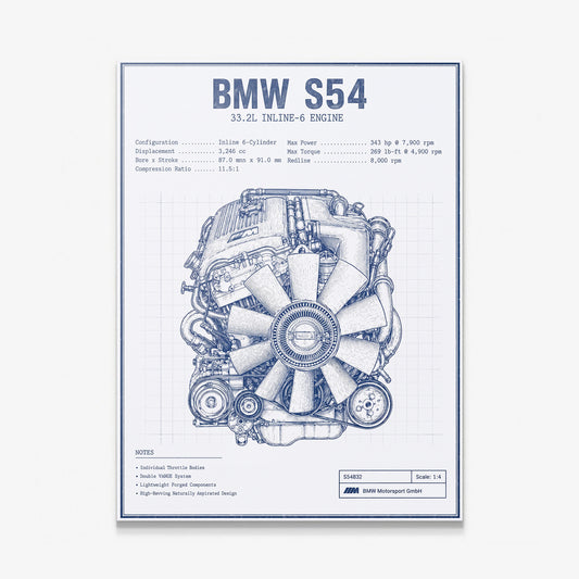 S54 Engine Blueprint German straight-six S54 engine blueprint schematic canvas wall art