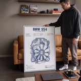 S54 Engine Blueprint German straight-six S54 engine blueprint schematic canvas wall art in a styled study