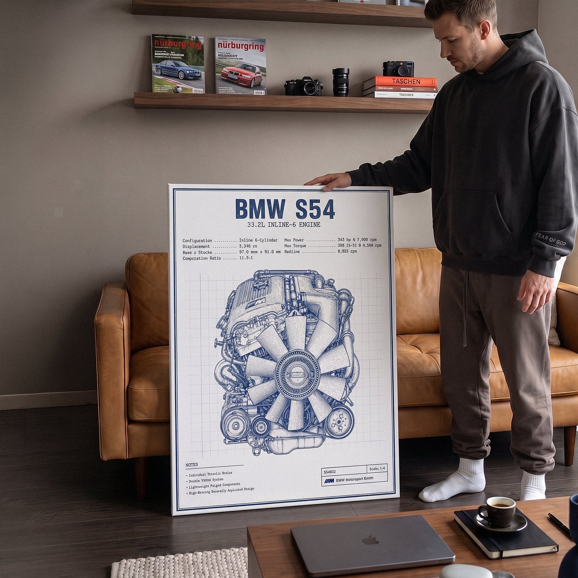 S54 Engine Blueprint German straight-six S54 engine blueprint schematic canvas wall art in a styled study