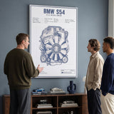 S54 Engine Blueprint German straight-six S54 engine blueprint schematic canvas wall art in a living room lounge