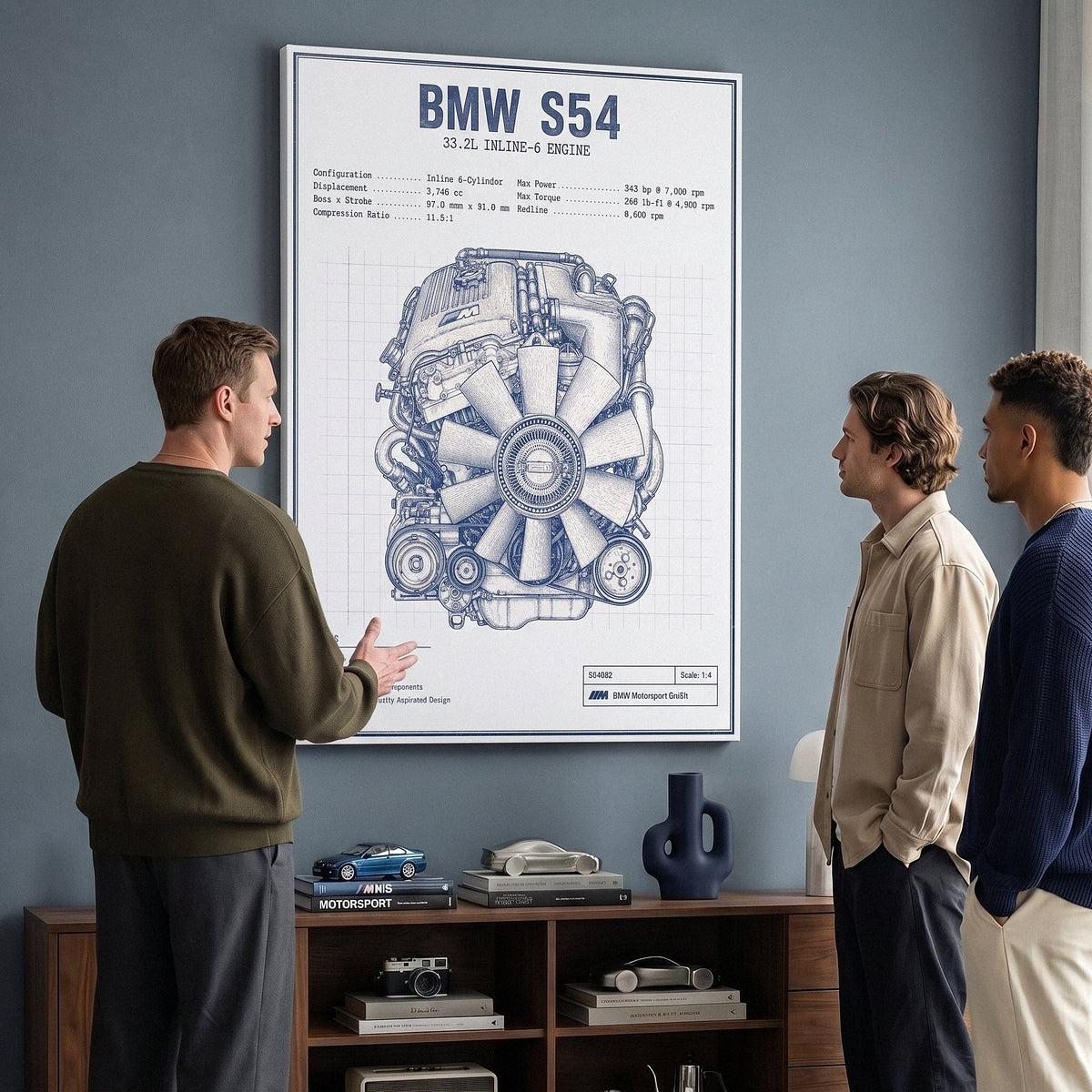 S54 Engine Blueprint German straight-six S54 engine blueprint schematic canvas wall art in a living room lounge