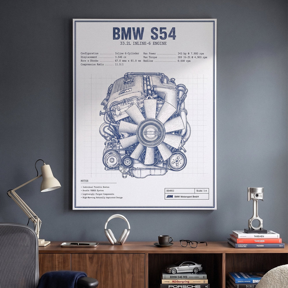 S54 Engine Blueprint German straight-six S54 engine blueprint schematic canvas wall art in a modern home office