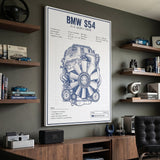 S54 Engine Blueprint German straight-six S54 engine blueprint schematic canvas wall art in a dark enthusiast den