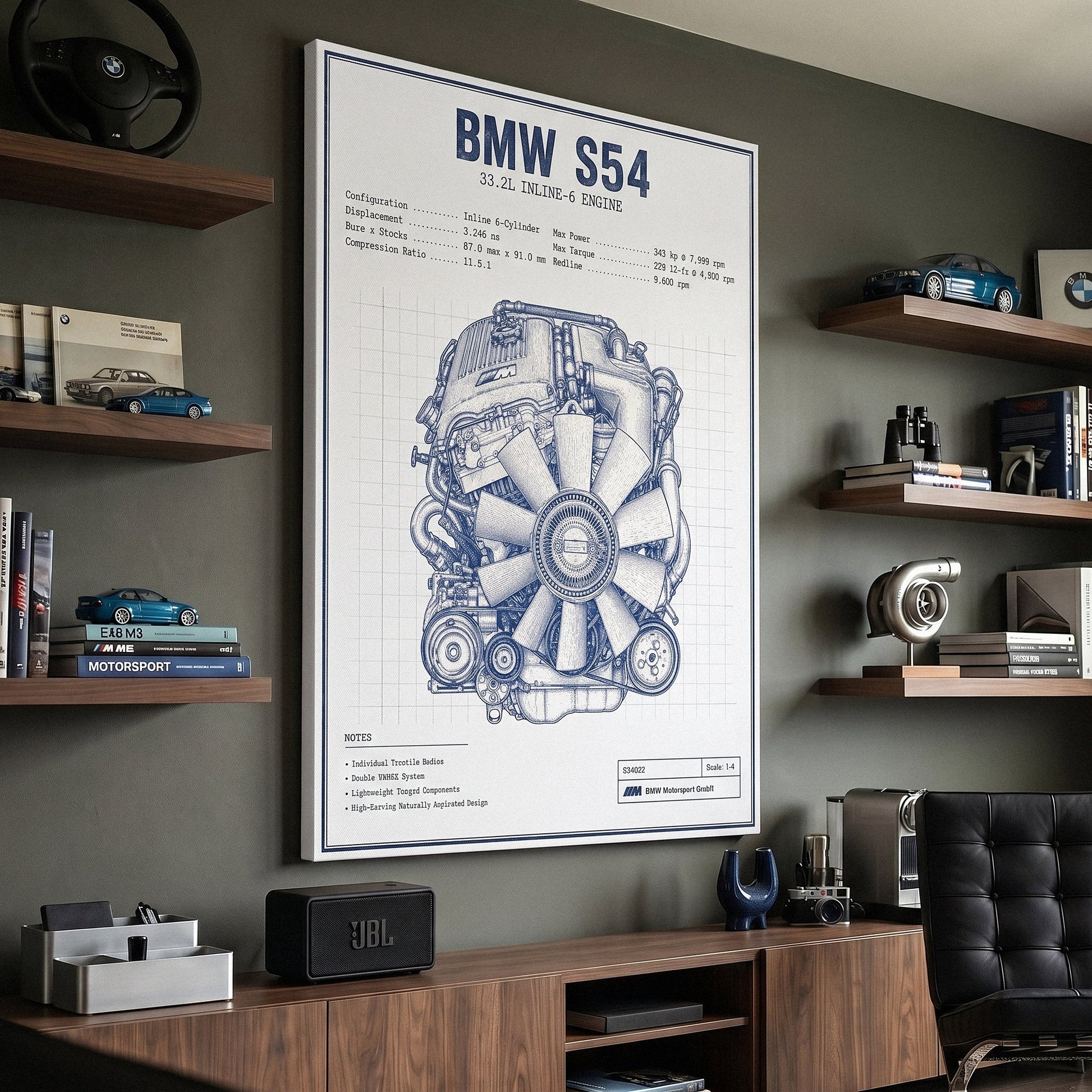 S54 Engine Blueprint German straight-six S54 engine blueprint schematic canvas wall art in a dark enthusiast den