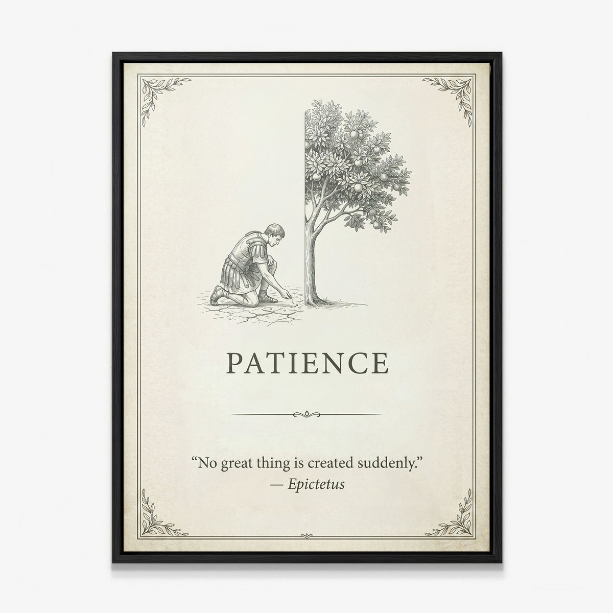 Seed Of Patience quote canvas in a black floating frame