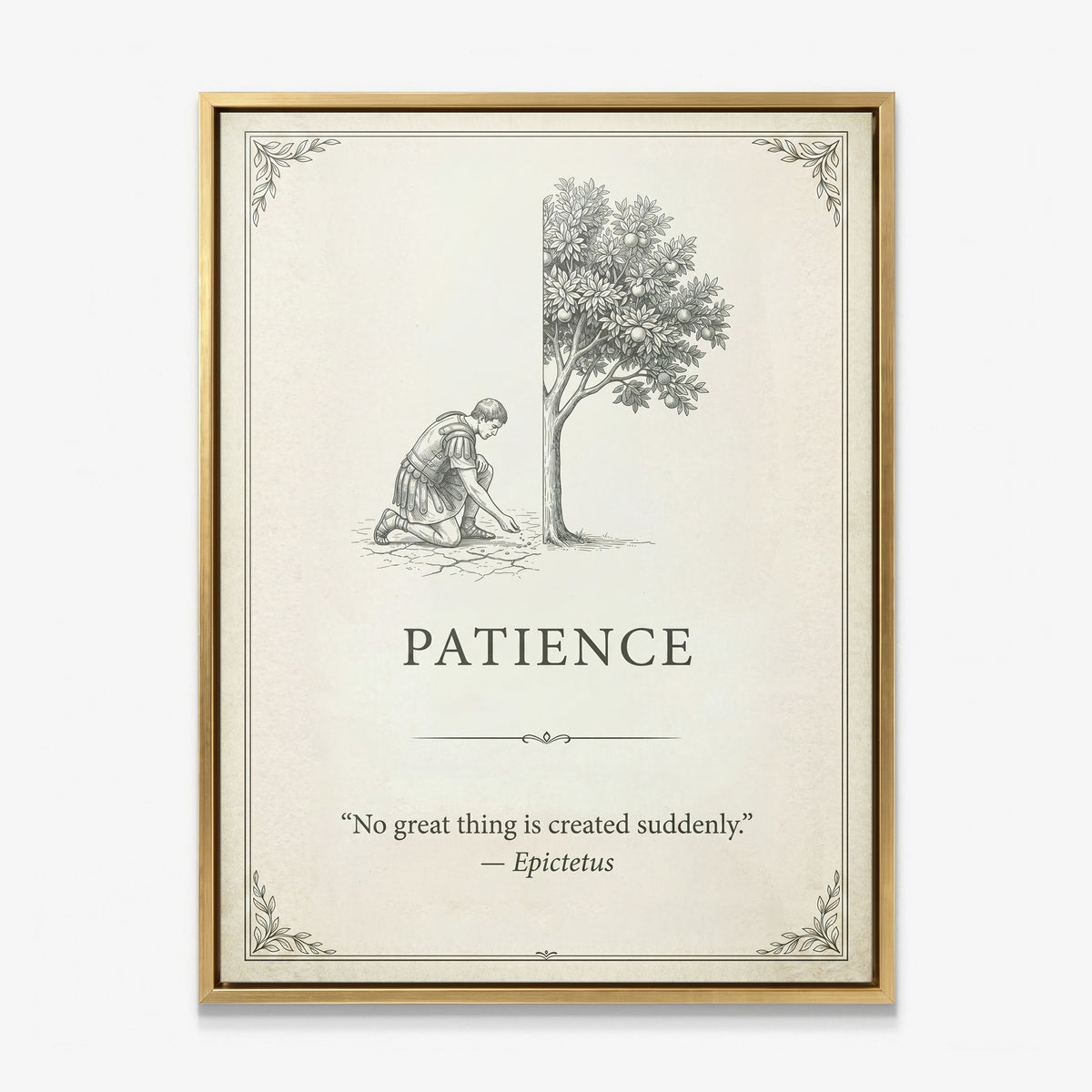 Seed Of Patience quote canvas in a gold floating frame