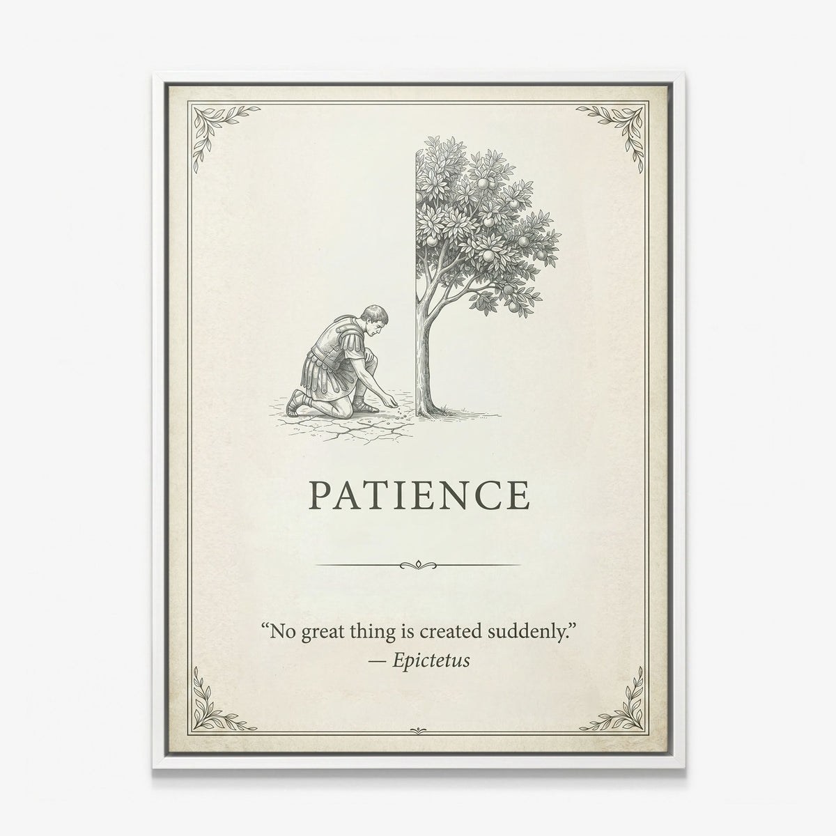Seed Of Patience quote canvas in a white floating frame