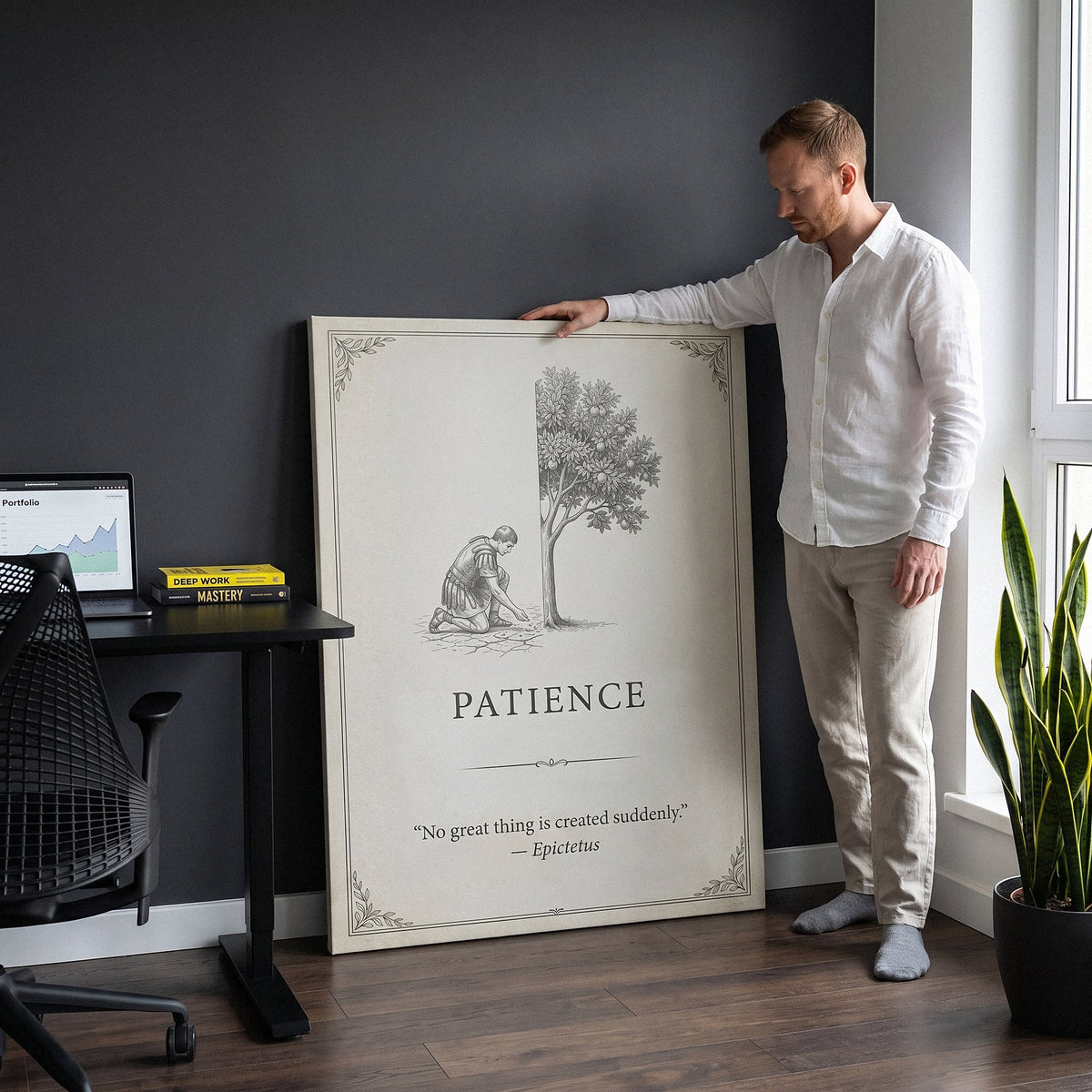 Man beside the Seed Of Patience quote canvas leaning on the floor of his home office