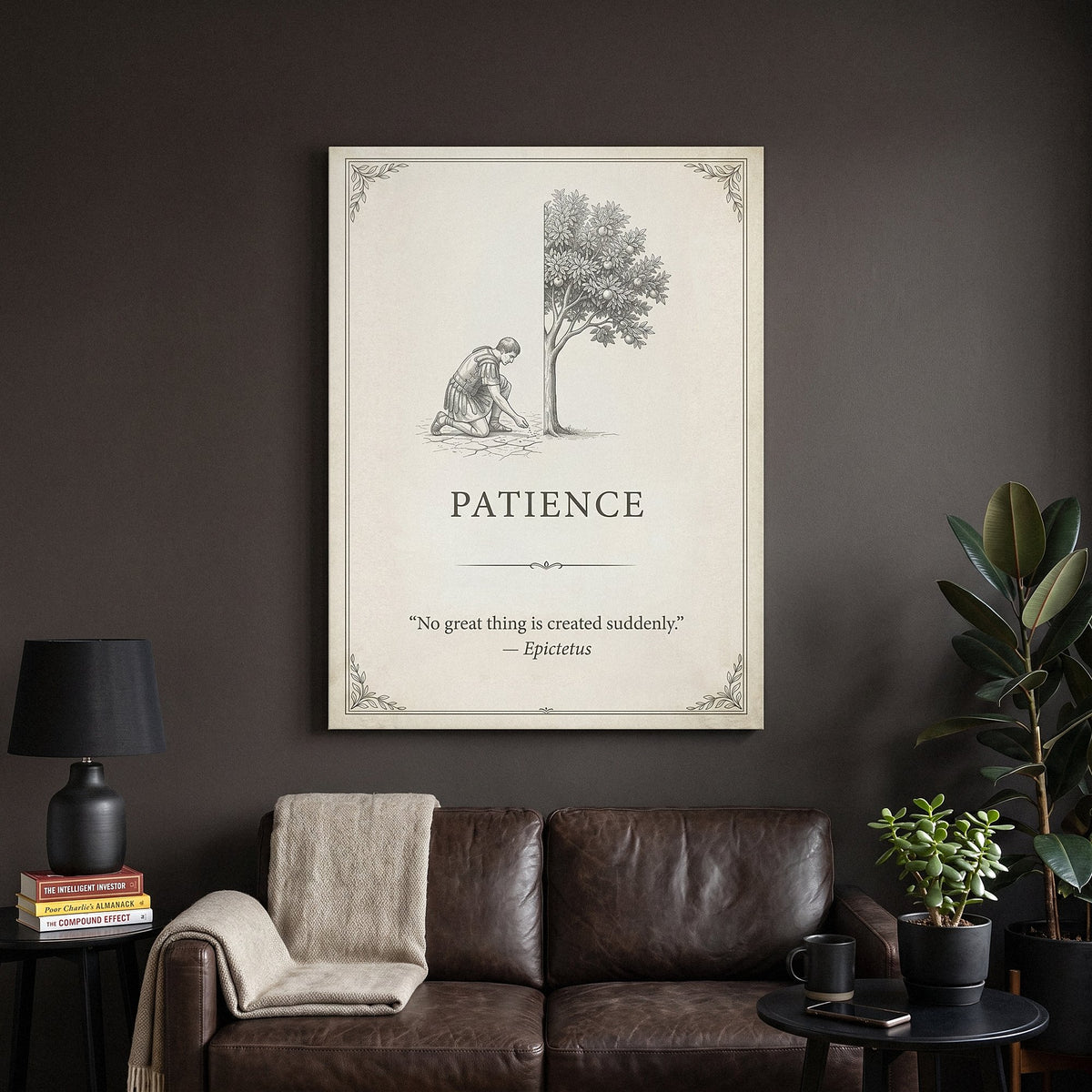Seed Of Patience quote canvas above a dark leather sofa in a living room