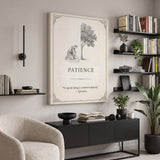 Seed Of Patience quote canvas beside black bookshelves in a reading corner